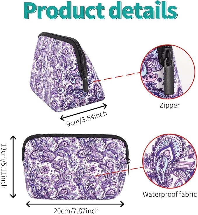 AJLTPA Waterproof Neoprene Cosmetic Bag, Purple Paisley