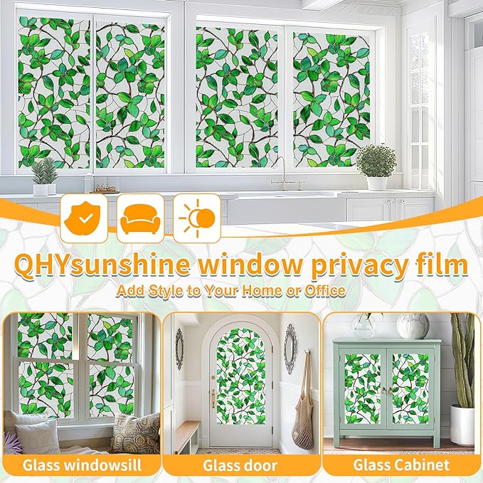 Window Privacy Film Stained Glass Window Film Frosted Window Film Window clings Non-Adhesive Reusable Decorative for Home Removable(Green Frosted, 17.5 X 157.4 in)