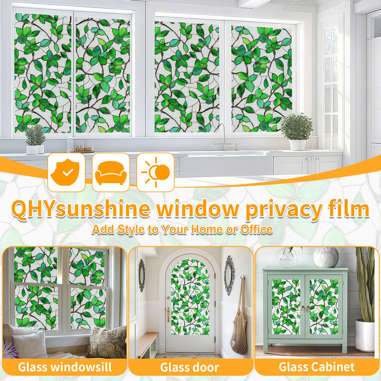 QHYsunshine Window Privacy Film Stained Glass Window Film Frosted Window Film Window clings Non-Adhesive Reusable Decorative for Home Removable(Green Frosted, 17.5 X 157.4 in)
