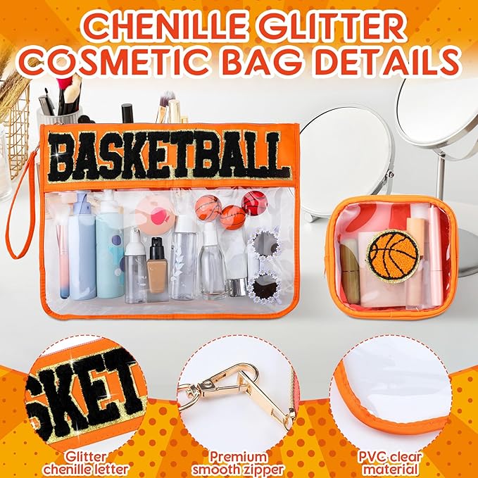 2 Pcs Basketball Gift Bag Girl Basketball Goodie Bag for Snack Treat Candy March Madnesss Clear Makeup Cosmetic Toiletry Purse Chenille Letter Zipper Pouch for Women Sport Mom Essential Accessory
