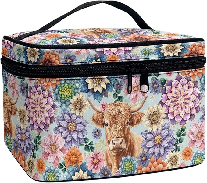 Drydeepin Boho Mandala Highland Cattle Pattern Travel Makeup Bags for Women Portable Tote Cosmetic Case with Carry Handle Toiletry Accessories Storage Organizer Bags