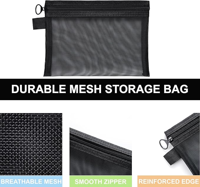 Quotidian Flat Clear Mesh Pencil Pouch Black Makeup Bag with Zipper Cosmetic Organizer 3-Size Pack of 9 - Travel Daily Use Home Storage Office