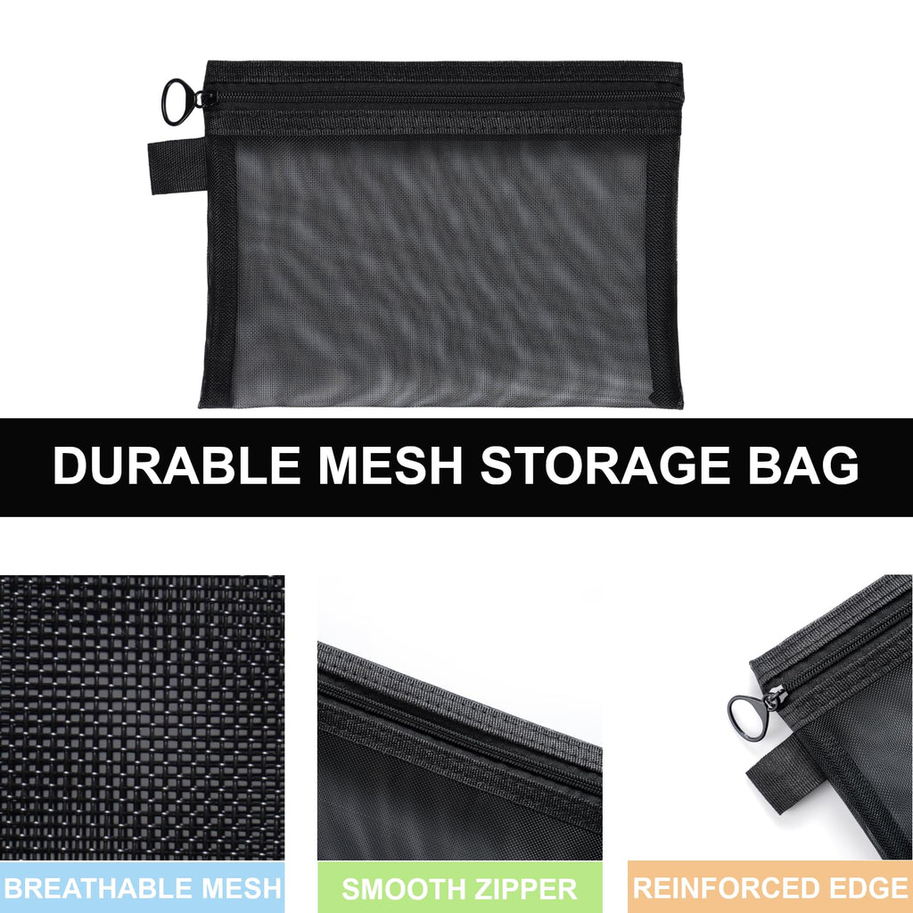 Quotidian Flat Clear Mesh Pencil Pouch Black Makeup Bag with Zipper Cosmetic Organizer 3-Size Pack of 9 - Travel Daily Use Home Storage Office