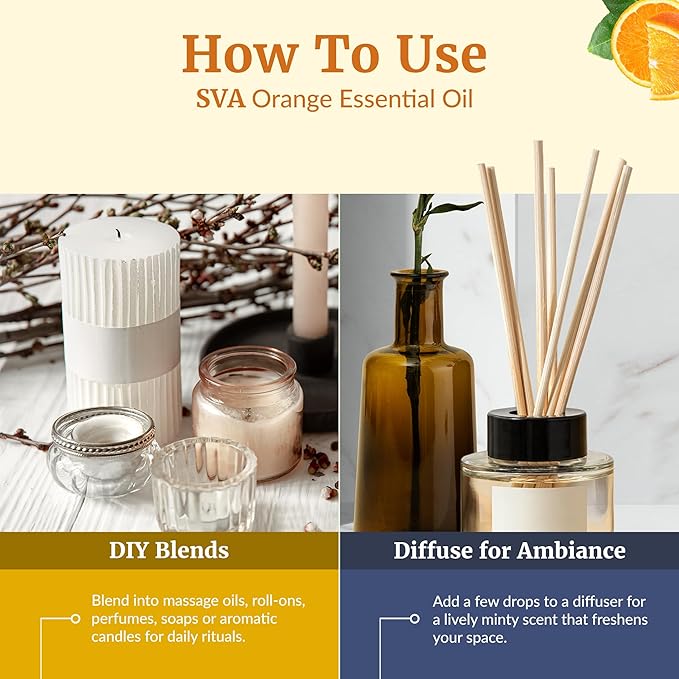 SVA Orange Essential Oil 4 Fl Oz – for Diffuser, Skin & Hair Care – Ideal for Massage & DIY Blends - with Dropper