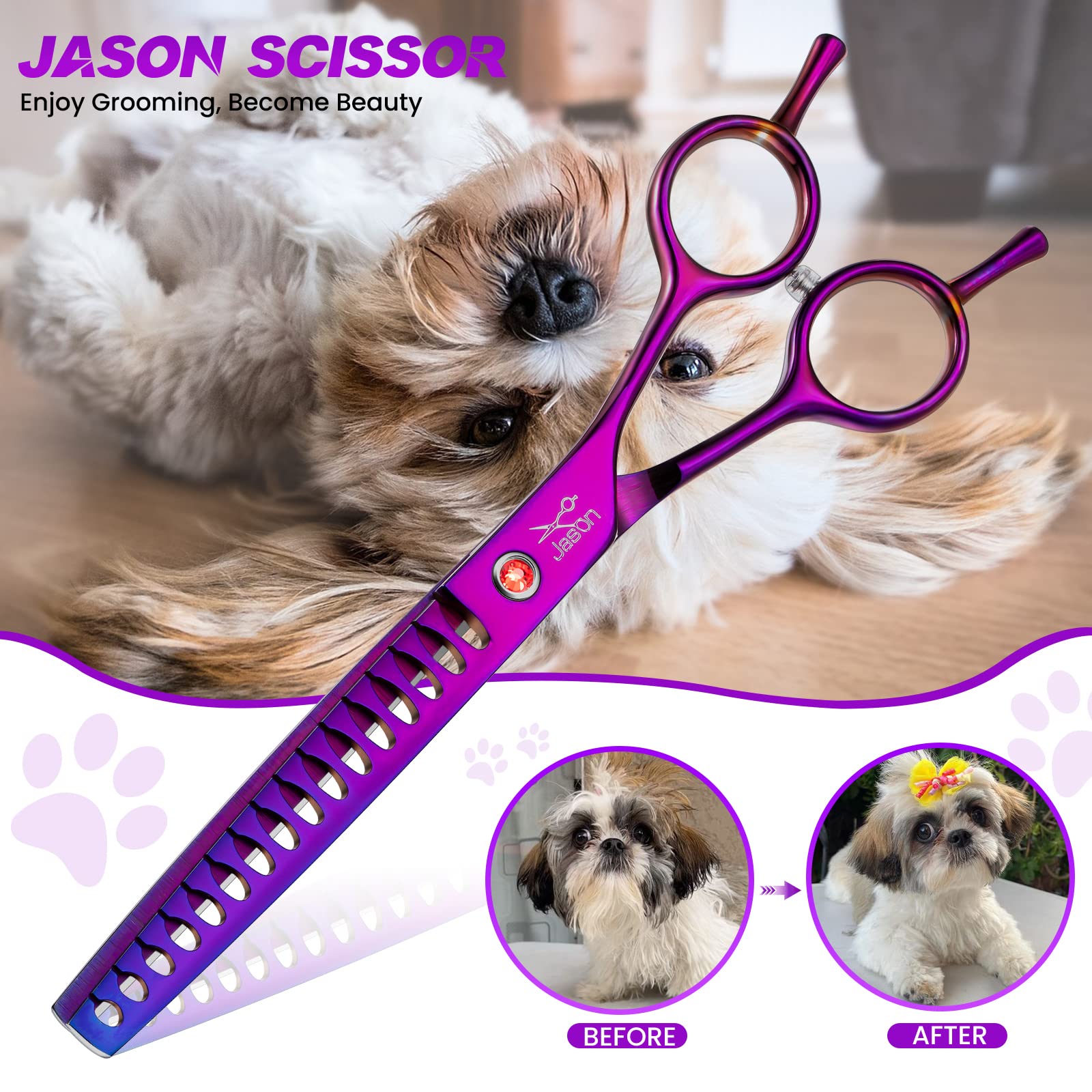JASON Dog Grooming Chunker Scissor - 7" Professional Hair Shears Purple