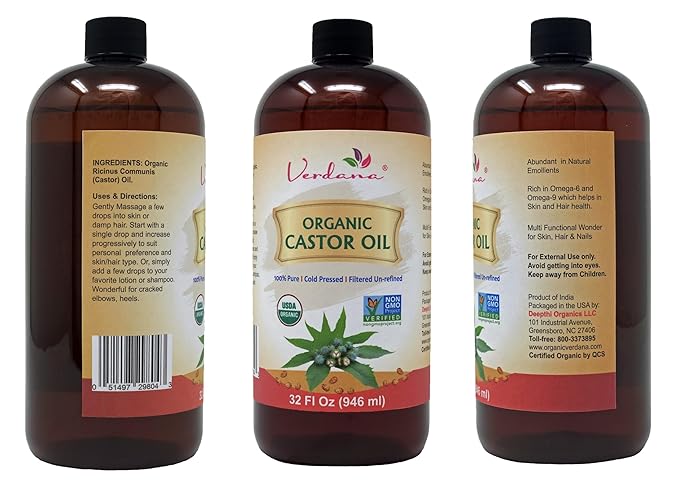 Verdana Organic Castor Oil, Cold Pressed & Hexane Free – For Hair & Scalp Care, Eyelashes, Eyebrows & Skin Care – USDA Certified, Pure & Natural – 32 fl oz
