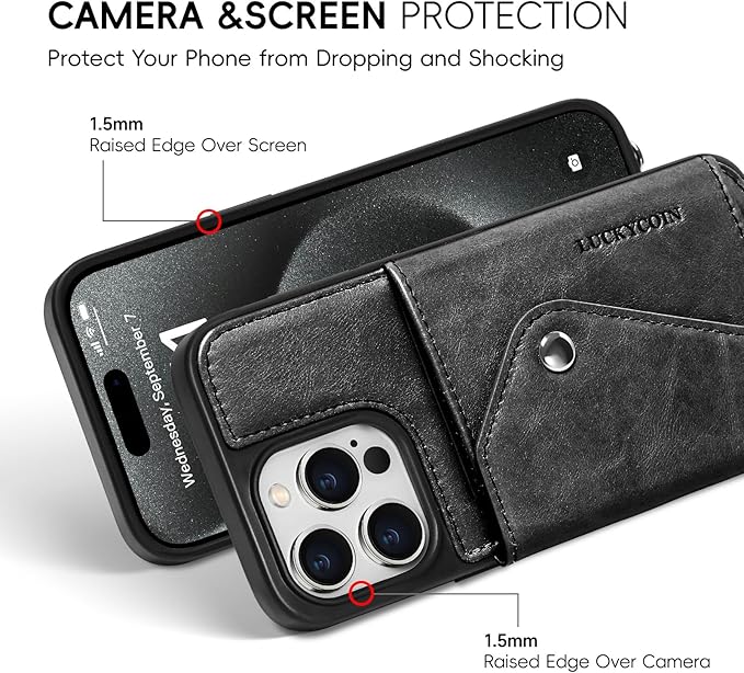 LUCKYCOIN Crossbody Phone Case for iPhone 15 Pro Max, 100% Genuine Leather Phone Wallet Case for Women, Premium Hands-Free Phone Purse with Expandable Flip Card Holder & Adjustable Strap - Retro Black