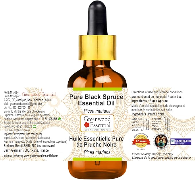 Greenwood Essential Black Spruce Essential Oil (Picea Mariana) with Glass Dropper | Pure | Non-Sticky | Non-Greasy | Lightweight | Men & Women | All Skin Types | Steam Distilled 5ml (0.16 oz)