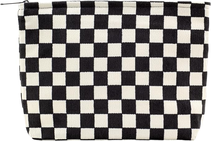Flat Makeup Bag for Women,Zipper Cosmetic Pouch for Purse,Checkered Black