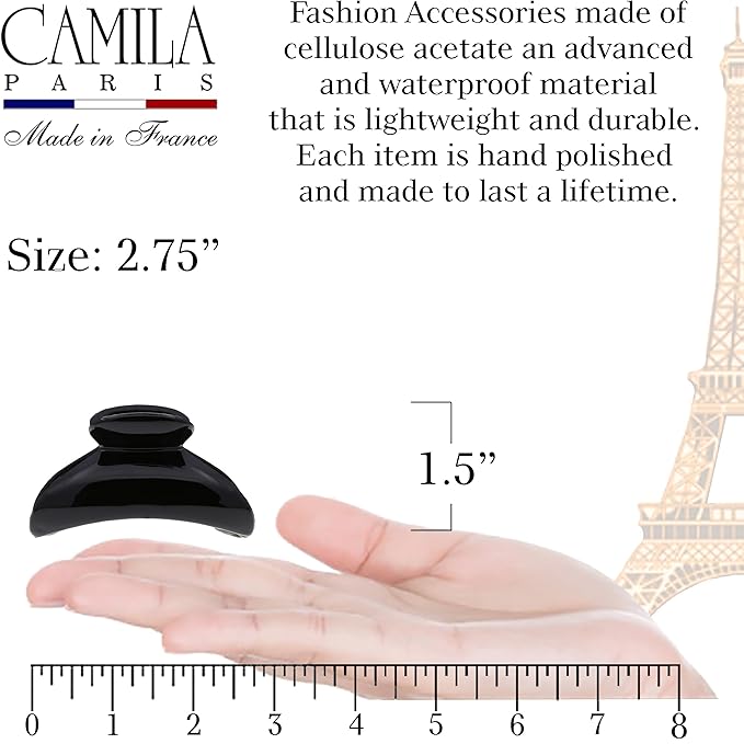 Camila Paris MP2 French Hair Clips for Women, 2.75" Medium Claw Clips for Thick Hair, Black Claw Clip, Strong Hold No Slip Accessories Clip for Women, Made in France