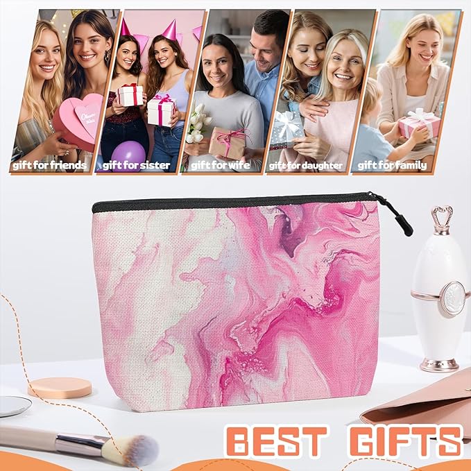 Scribesense Cosmetic Bags Travel Makeup Toilet Case Waterproof Pouch for Women Girls 6.7X9.45inches - Pink And White Fluid Art