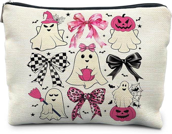 RYYCDOI Coquette Bow Ghost Cosmetic Bags: Cute Halloween Gifts for Women, Horror & Spooky Makeup Bags