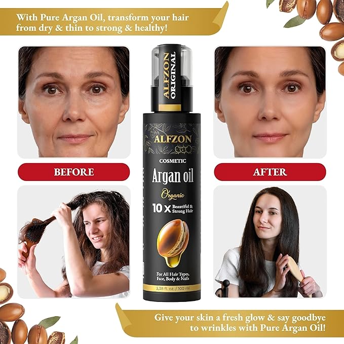 ALFZON Moroccan Argan Oil 100% Pure USDA Organic Cold Pressed Unrefined – Deep Moisturizing Hair & Scalp Treatment for Dry, Damaged, Curly & Frizzy Hair – Face & Skin – 3.38 Fl Oz Glass Bottle