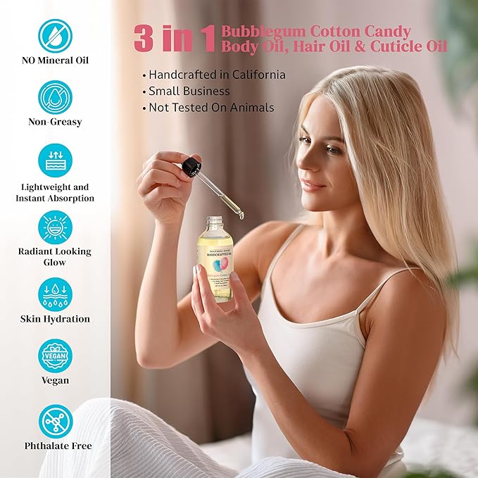 Soothing House Bubblegum Cotton Candy: Moisturizing Body Oil for Soft, Glowing Skin with Almond & Jojoba Oil (4 fl oz)