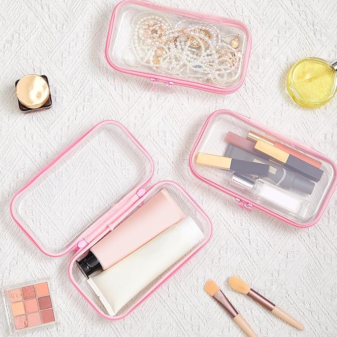 Hoolerry 3 Pcs Clear Hard Zipper Case Hard Plastic Zipper Pouch Makeup Bag Portable Travel Organizer for Cosmetics, Office Supplies, Documents & Toiletries(Pink,S)