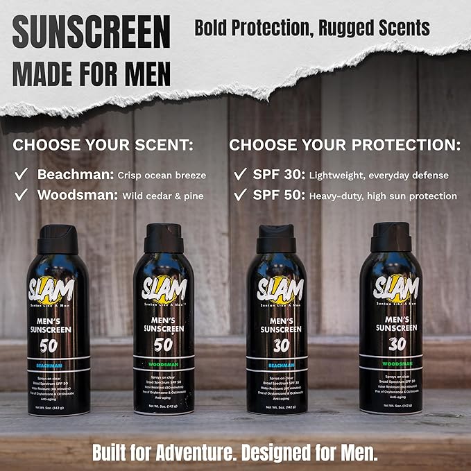 SLAM WoodsMan - Male Scented Sunscreen, SPF Sunscreen Spray, Water Resistant Sunscreen, Octinoxate & Oxybenzone Free, Broad Spectrum UVA/UVB Sunscreen, 5 Fl Oz (Pack of 1)