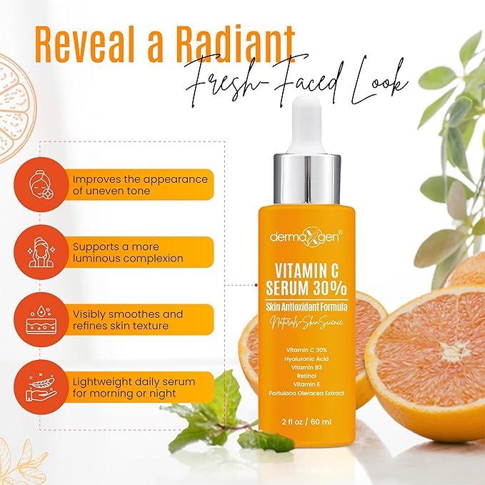 DERMAXGEN 30% Organic Vitamin C Serum for Face – Natural Anti-Wrinkle Serum with Hyaluronic Acid & Vitamin E – Anti-Aging Moisturizer for Fine Lines, Dark Spots & Skin Rejuvenation – 2 Fl oz
