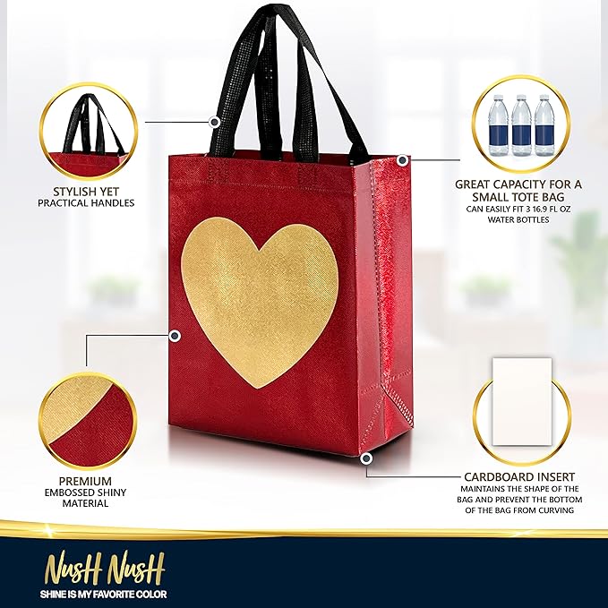 Nush Nush Medium Red Gift Bags with Gold Heart, 8 x 4 x 10, Set of 12