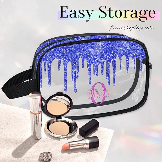 KFNHN Personalized Clear Makeup Bag with Name, Best Friends Teen Women Mom Birthday Gift Transparent PVC Toiletry Travel Bag for Toiletries, Shiny Bling Royal Blue Fluid Shape Glittery