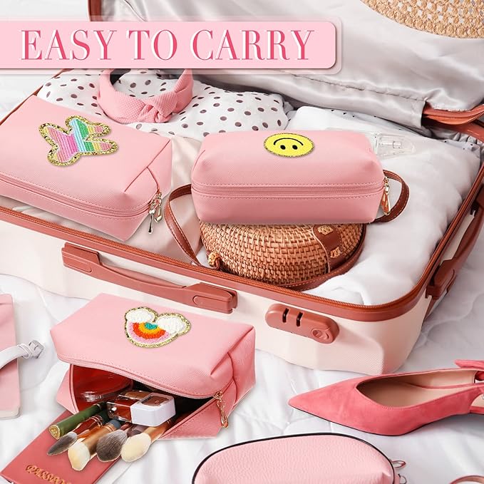Sanwuta 9 Pcs Makeup Bags Bulk Bridesmaid Proposal Gifts Cosmetic Bags Preppy PU Leather Double Zipper Toiletry Pouch Portable Travel Organizer Case for Women Bachelorette Gift(Pink)