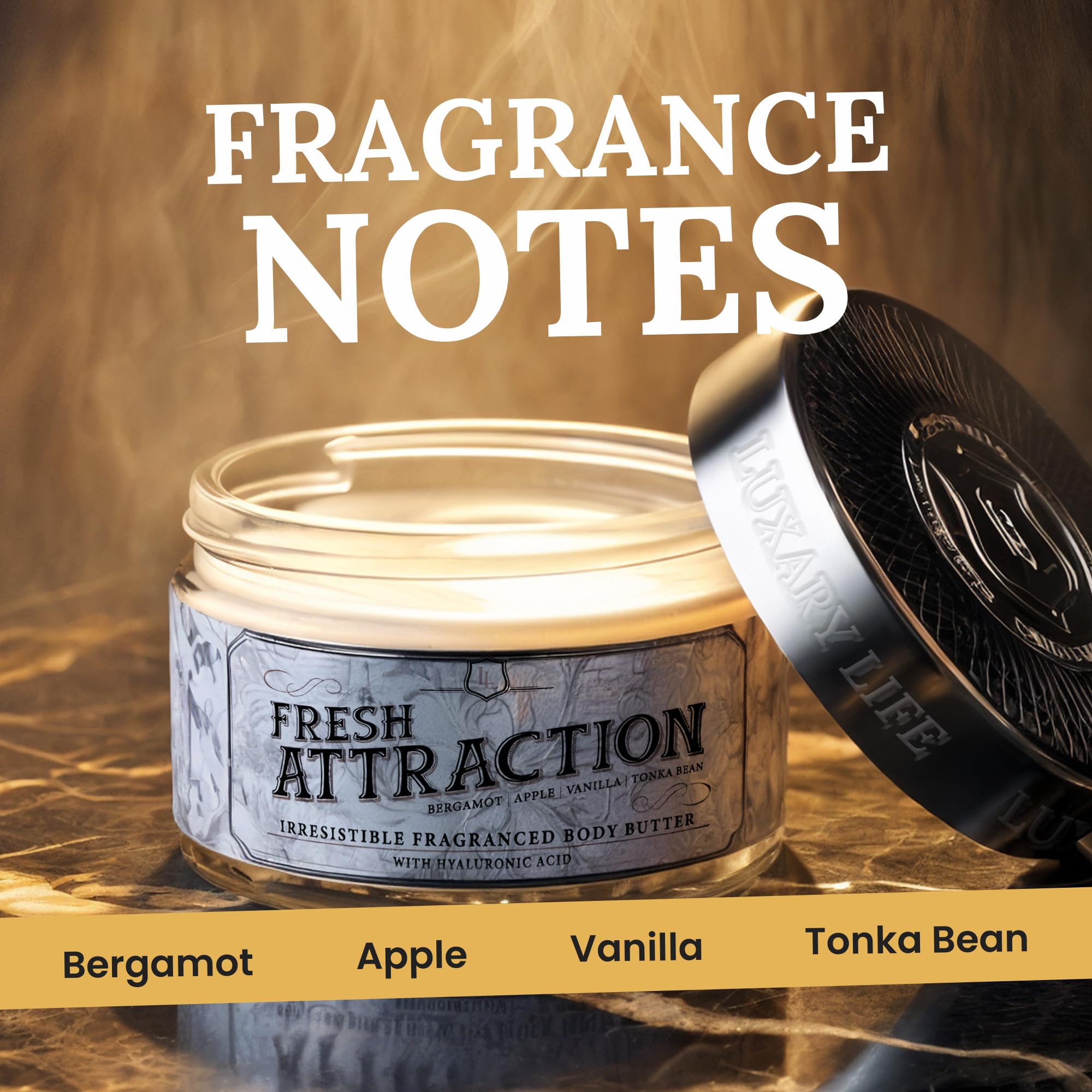 LUXURY LIFE BUTTER - 40% Extrait de Parfum Fragranced Body Butter with Hyaluronic Acid for Ultimate Moisture - Luxurious Room-Filling Natural Fragrances - Non-Greasy, USA Made, Fresh Attraction, 5 oz