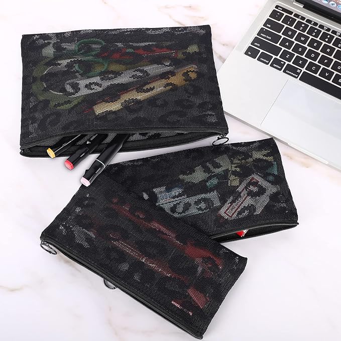 Sinzip 12 Pieces Zipper Nylon Mesh Pouch, Mesh Cosmetic Bags Makeup Bags Pencil Case, Multipurpose Travel Bags for Cosmetic School Office Supplies and Travel Accessories (Black Lace, Assorted Sizes)
