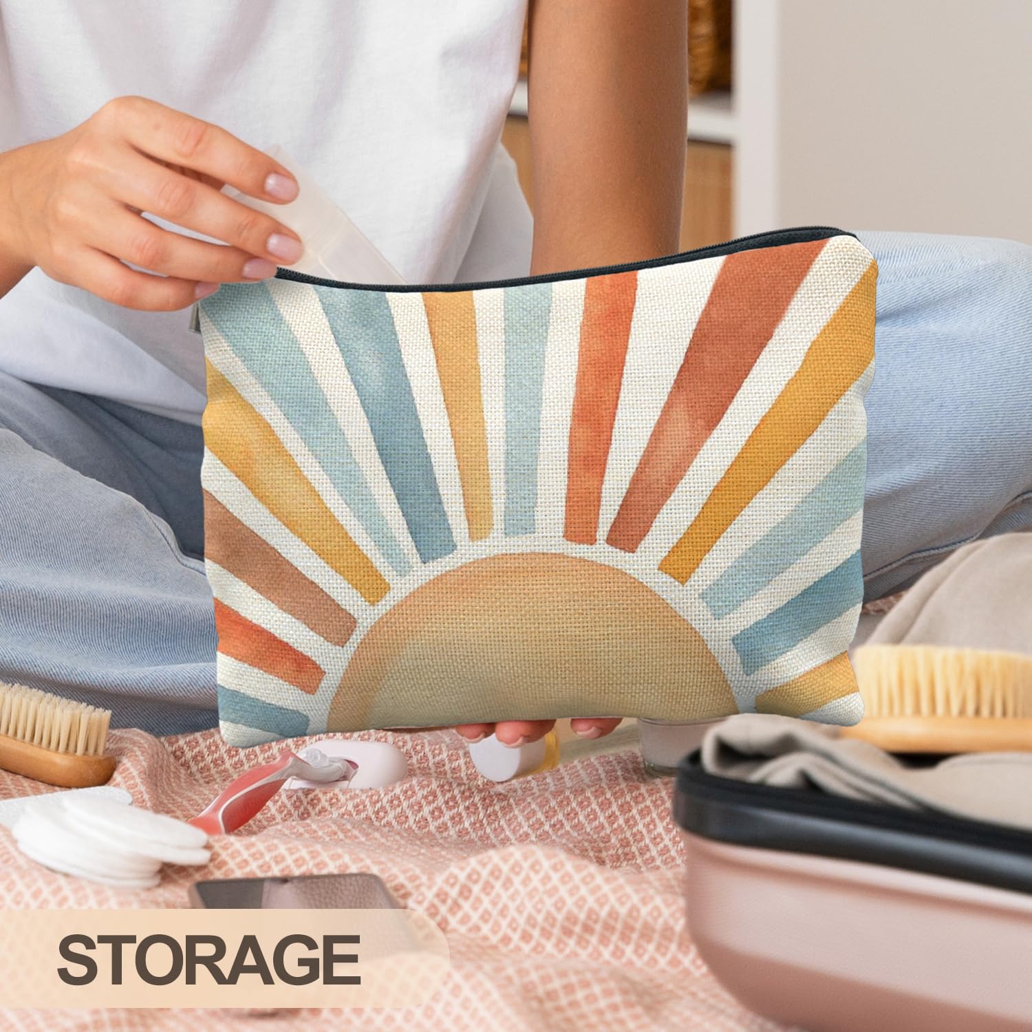 RYYCDOI Vintage Boho Colorful Sun Sunrise Sunset Makeup Bag, Sunshine Gifts Cosmetic Bags for Women, Boho Gifts for Women, Retro Mid Century Modern Art Zipper Makeup Pouch