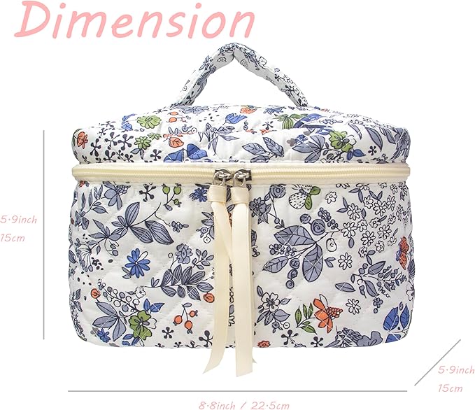 Quilted Makeup Bag for Women, Travel Cosmetic&Toiletry Bag,Leaf White