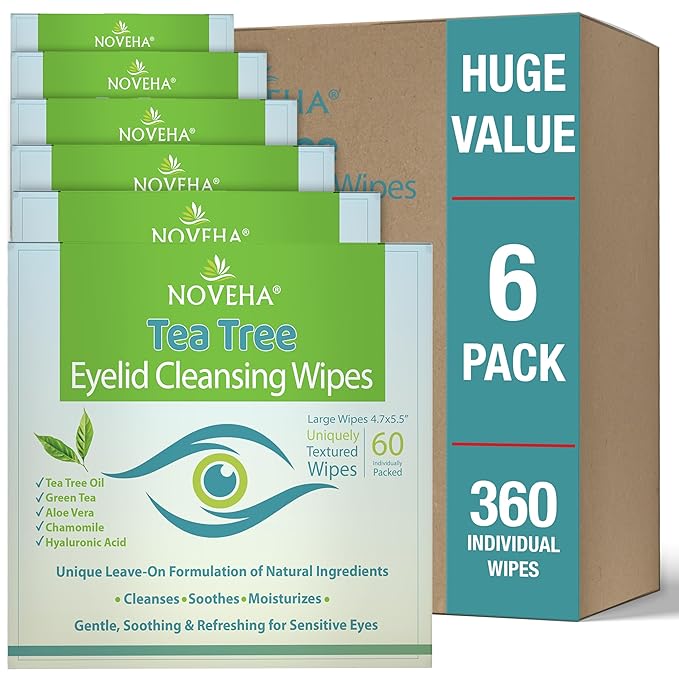 NOVEHA 120Pcs Tea Tree Oil Eyelid & Lash Wipes With Hyaluronic Acid, Green Tea & Chamomile For Blepharitis & Itchy Eyes, Individually Wrapped Eyelash Wipes, Natural Makeup Remover & Cleanser (2 Pack)