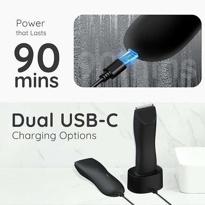 BAREWIZE Body Hair & Pubic Hair Trimmer for Men | Waterproof, USB-C Rechargeable, LED Light, Replaceable Ceramic Blade, Electric Ball Shavers, Manscape Kit, Mens Personal Groomer (Black)