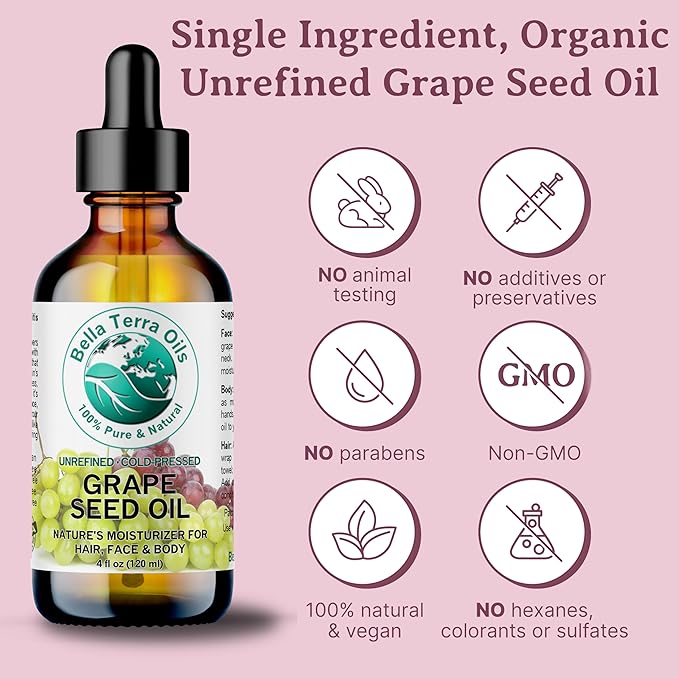 Bella Terra Oils - Natural Grape Seed Oil 8 oz - Dive into Natural Grape's Nutritional Power, Packed with Antioxidants & Omega-6, Elevate Your Skin Care Essence