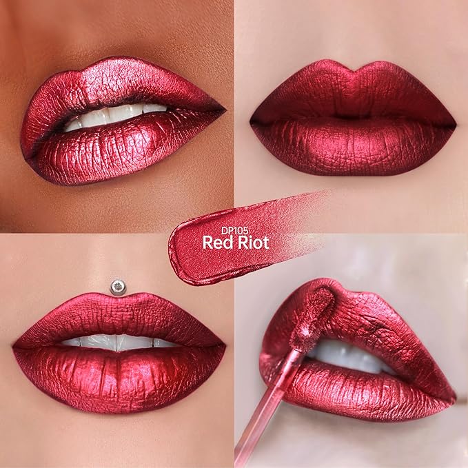 Depuplum Red Lipsticks for Women Metallic Glitter Lipstick Long Lasting