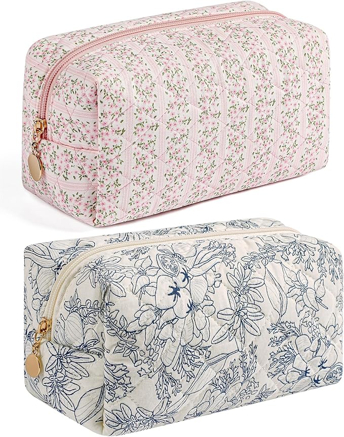 HHQQWZ Makeup Bag Travel Cosmetic Bag for Women, Zipper Make Up Pouch, Floral Flowers Toiletry Organizer, Portable Storage Bag, Cosmetic Travel Cloth Bag (Pink+Navy Blue Flower)