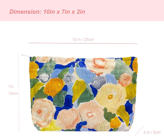 Flat Makeup Bag for Women,Zipper Cosmetic Pouch for Purse,Garden Blue