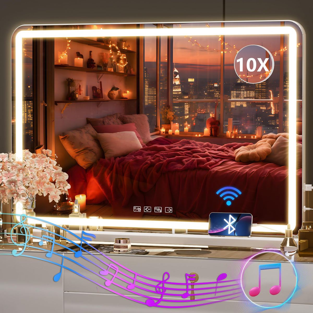 Hasipu Vanity Mirror with Lights, 27.6" x 20" LED Makeup Mirror, Lighted Makeup Mirror with Dimmable 3 Modes, Touch Screen Control Vanity Mirror Round Gold