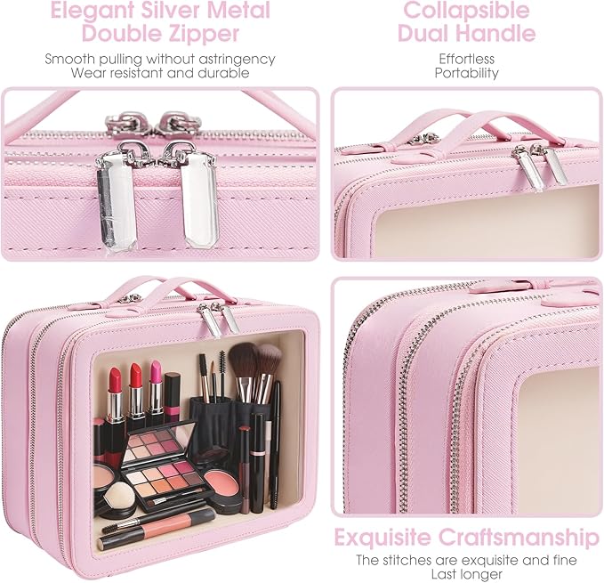 idoltimes Clear Makeup Bag,Large Toiletry Case for Women,PU Leather Travel Cosmetic Bag,Detachable Makeup Case,Double Compartment Make up Organizer