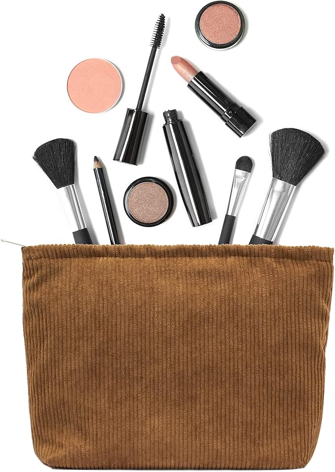 PAZIMIIK Makeup Bag Large Zipper Corduroy Make Up Pouch for Purse Travel Canvas Cosmetic Organizer for Women Brush Storage,Brown