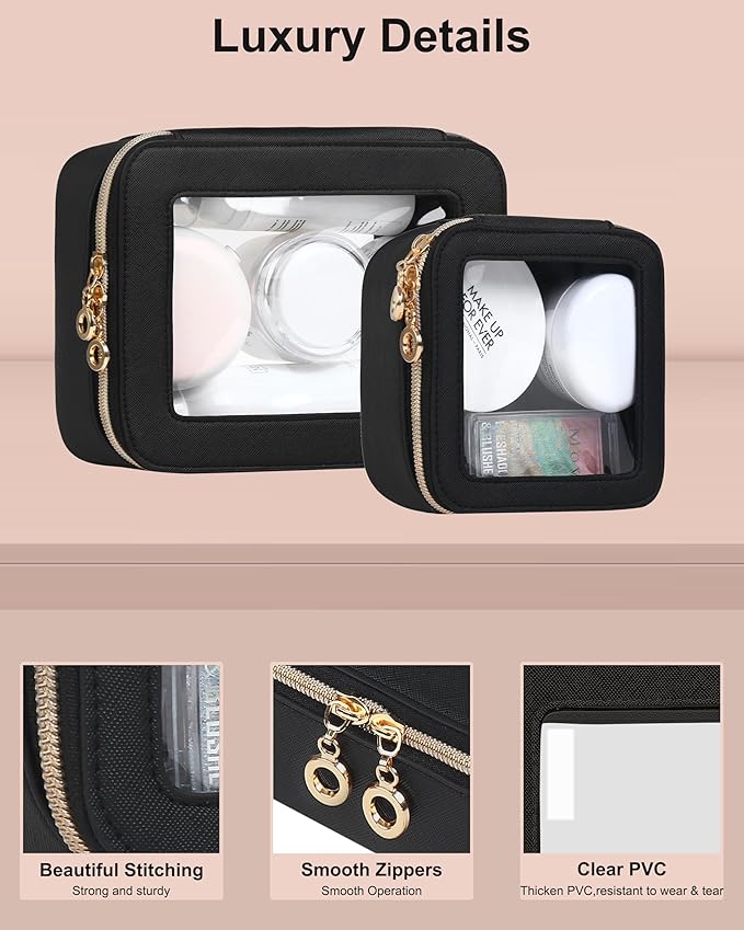 Leather Clear Makeup Bags Set - Travel Clear Cosmetic Bag Case with Zipper, Transparent TSA Approved Toiletry Bags for Travel Essentials Car Accessories for Women (Black, S+M)