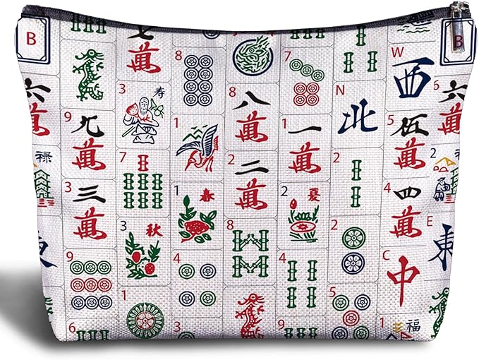 Zomhix Chinoiserie Chinese Mahjong Tiles Makeup Bag, Mahjong Gifts Cosmetic Bags for Women, Gifts for Mah Jong Players Lovers Makeup Zipper Pouch