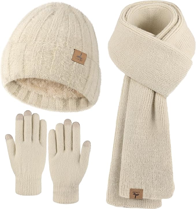 LOROME Winter Beanie Hat Gloves Scarf, Cashmere Hat Gloves Scarf Set Women