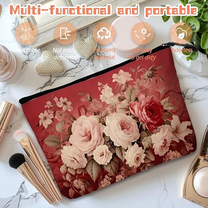 Scribesense Cosmetic Bags Travel Makeup Toilet Case Waterproof Pouch for Women Girls 6.7X9.45inches - Assorted Pale - Colored Flowers on A Red Ornamental Background