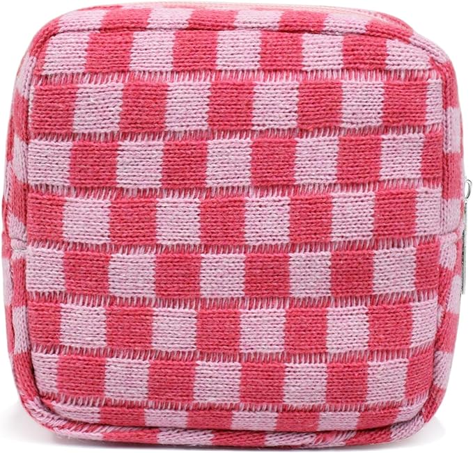 FFpaw Small Pink Makeup Bag for Purse, Mini Checkered Cosmetic Bag Zipper Cute Make Up Pouch Travel Toiletry Case Quilted Aesthetic Accessories Makeup Storage Bag Organizer for Women Girls