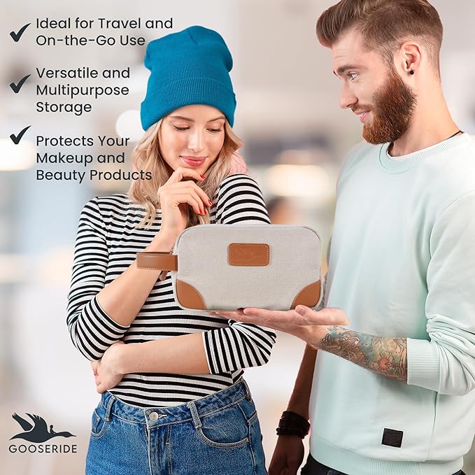 GOOSERIDE Small Makeup Bag for Women and Men - Cute Cosmetic Bag for Travel, Multipurpose Canvas Make up Pouch for Accessories, Mini Makeup Purse with Zipper and Internal Pockets for Toiletries - Sand