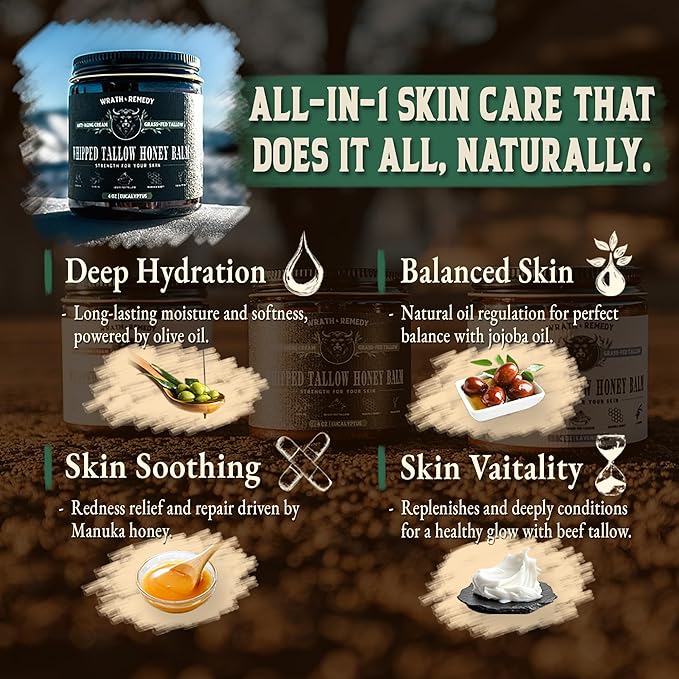 Organic Beef Tallow for Skin & Face - Whipped Honey Balm, Eucalyptus (4 OZ)