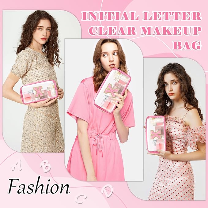 Personalized Initial Letter Clear Makeup Bag,Preppy Small Nylon&PVC Cosmetic Zipper Bag with Chenille Letter,Portable Beach Travel Skincare Toiletry Bag,Trendy Monogram Gift for Teen Girls Women,X
