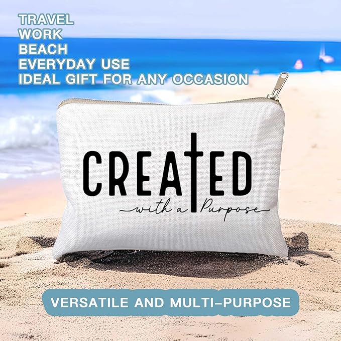 HubbgDesign Created With a Purpose Women Makeup Bag Christian Decor Self Love Gift Toiletry Bag Religious Faith Cosmetic Pouch Linen Cotton Inspirational Multi-Purpose Bag Gift