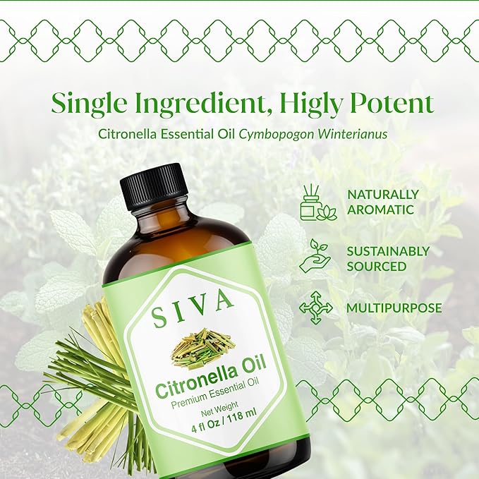 Siva Citronella Essential Oil, Glass Bottle with Dropper, 4 Fl Oz (118 ml)