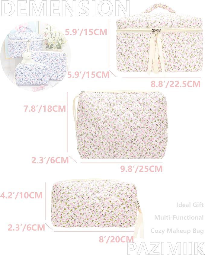 3 Piece Quilted Makeup Bag Set for Women,Cosmetic&Toiletry Bag,Floral Pink