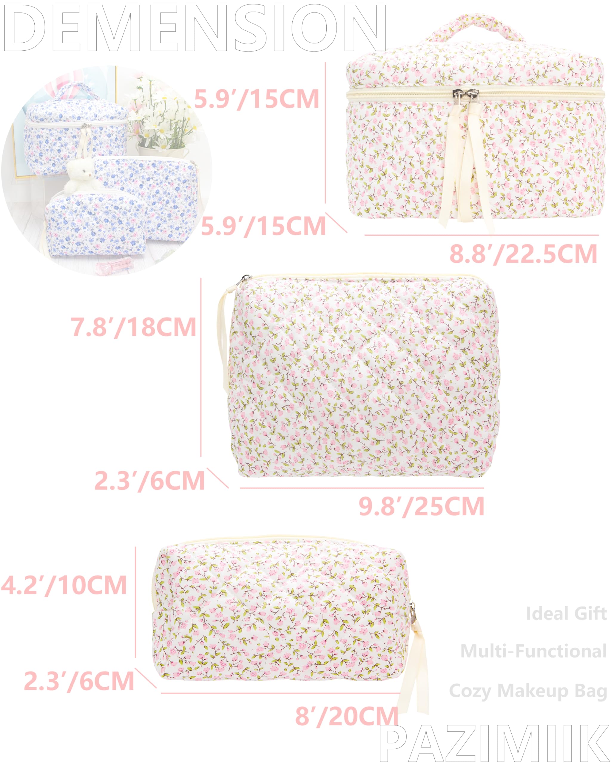 3 Piece Quilted Makeup Bag Set for Women,Cosmetic&Toiletry Bag,Floral Pink