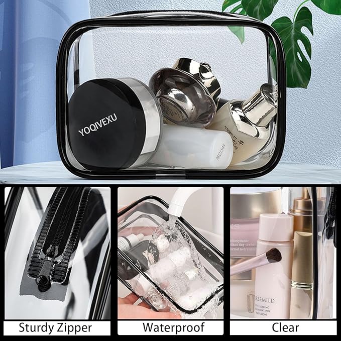 YOQIVEXU 6 Pieces Clear Cosmetics Bag Bulk, TSA Approved Toiletry Bag for Travel, Zippered Clear Pouch Cosmetic Makeup Bag Waterproof Vinyl Plastic Organizer Case for Vacation Bathroom (Large)